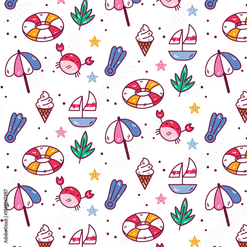 Tropical paradise seamless pattern with cute toucan and sand castle vector