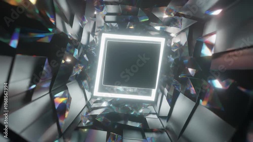 Seamless Loop Abstract Futuristic Tunnel with Geometric Reflections and Glowing Square Frame