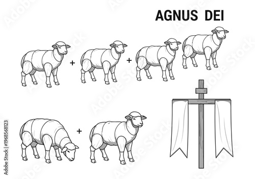 Agnus Dei Lamb of God Religious Illustration with Wooden Cross and Banners - Christian Symbolic Line Art Vector