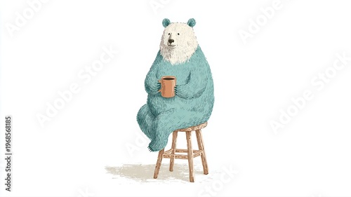 Cute cartoon bear sitting on a stool holding a beverage in mug