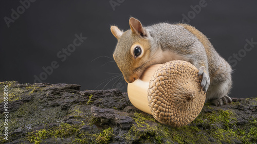 Clutching a massive acorn, a hungry gray squirrel balances on a mossy log in a studio setting