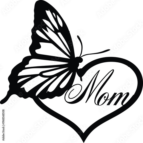 Elegant black silhouette of a butterfly and heart with Mom text a minimalist vector graphic perfect for Mothers Day remembrance or expressing maternal love
