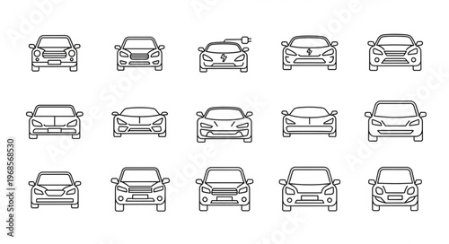 Collection of Front-View Car Illustrations in Outline Style.