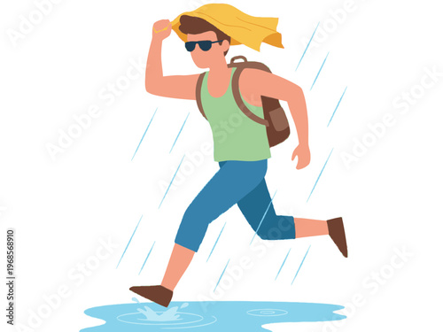 Man Running in Rain with Backpack Holding Yellow Towel