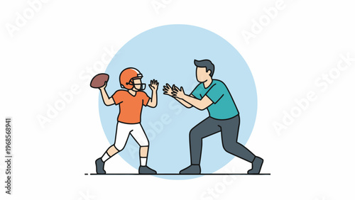 Father coaching son throwing american football vector illustration