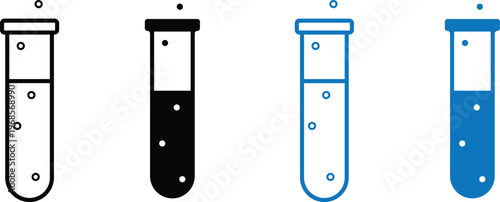 Four laboratory test tubes with different colored liquids and outlines on white background