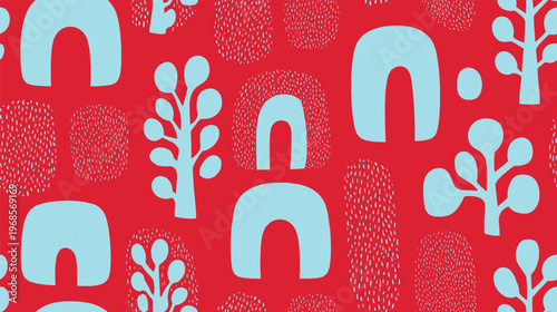 Bohemian-style, abstract organic splotches and simple arcs in a seamless pattern.