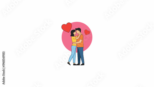 Romantic Couple Embracing with Hearts Flat Vector Illustration
