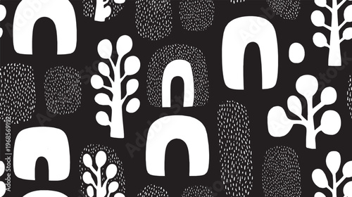 Bohemian-style, abstract organic splotches and simple arcs in a seamless pattern.