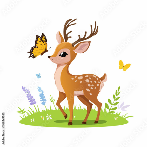 Rehkitz mit Schmetterling – Frühlingsszene