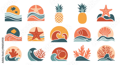 Collection of stylized tropical and ocean elements.