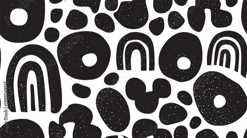 Bohemian-style, abstract organic splotches and simple arcs in a seamless pattern.