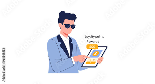 Person using tablet to view reward points illustration