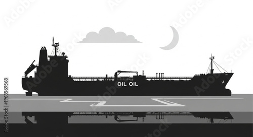 Silhouette of an Oil Tanker at Night with Moon and Cloud.