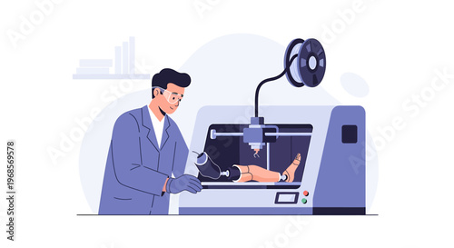 Additive manufacturing illustration of prosthetic limb with technician