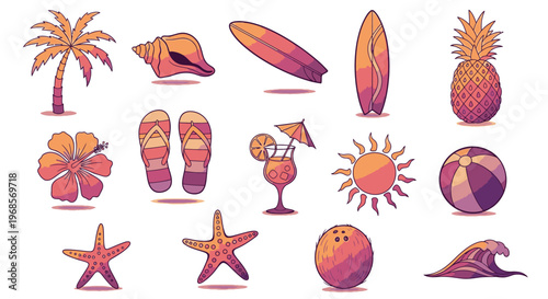 Collection of Tropical Beach and Summer Vacation Icons.