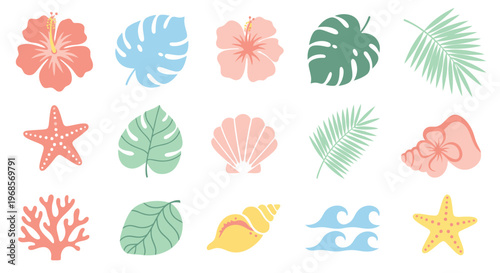 Collection of Tropical Beach Elements and Marine Life.