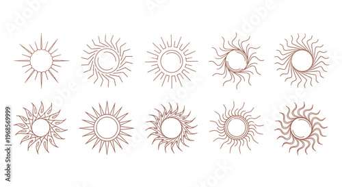 Collection of Ten Stylized Sun Illustrations with Intricate Designs.