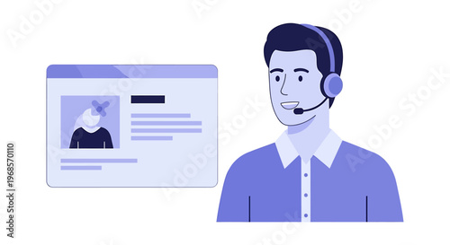 Customer service representative with headset and online profile on a digital screen vector illustration
