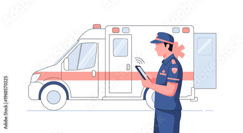 Emergency medical services illustration with ambulance and professional