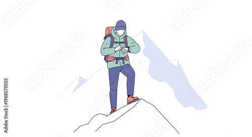 Hiker standing on mountain peak checking time navigation travel concept vector illustration