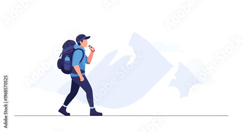 Hiker on path with mountains vector illustration travel and adventure concept