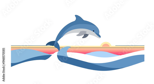 Jumping dolphin illustration over waves and sun symbolizing freedom