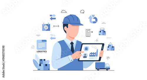 Logistics management professional overseeing supply chain operations using digital interface vector illustration