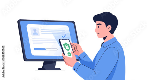 Man using smartphone with secure verification interface next to computer displaying user profile information