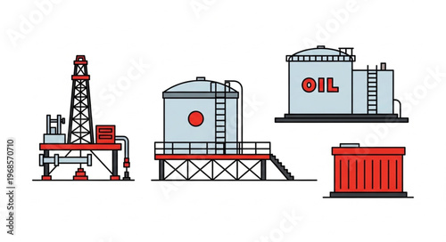 Oil Industry Infrastructure - Rig, Storage Tanks, and Container Illustration.