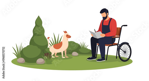 Man writing outdoors with dog wheelchair accessibility illustration