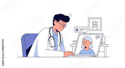 Medical consultation illustration doctor patient laptop computer online healthcare