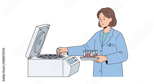 Medical laboratory technician performing blood analysis with laboratory equipment