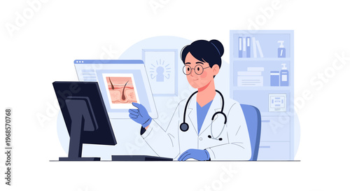 Medical professional analyzing skin illustration on computer screen