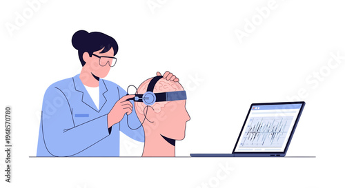 Medical professional conducts brain scan test with head device and computer screen