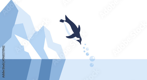 Penguin diving into water from iceberg vector illustration