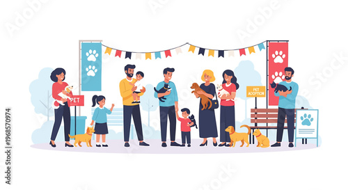 People and pets at adoption event illustration