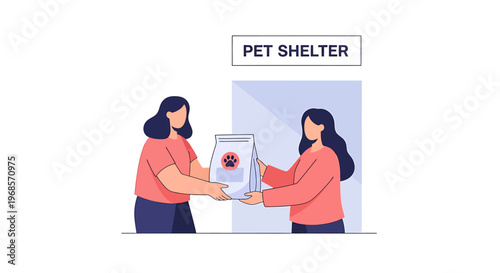 People exchanging pet food cartoon style illustration donation charity pet shelter concept help support