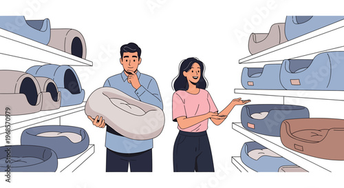 People browsing pet supplies in store pet bed selection shelves