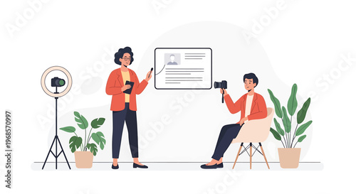 People filming a video in a modern studio with equipment and plants