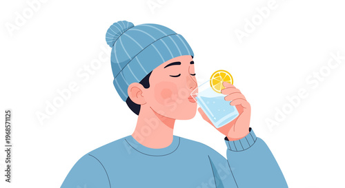 Person drinking water with lemon slice illustration