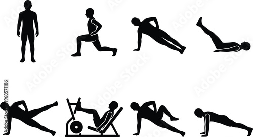 Fitness exercise silhouettes set with workout poses including lunges push ups cycling and leg raises, training routine icons isolated black for gym and health design
