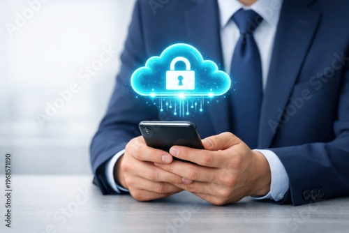 Cloud Security Assurance: An executive in a formal attire, with an illustrative digital cloud above a smartphone, embodies the future of secure data management.