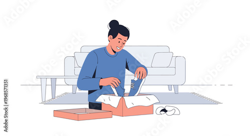 Person unpacking new footwear indoors vector illustration