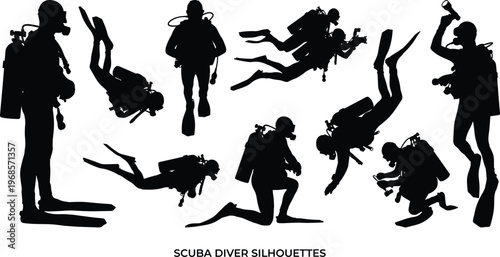 Scuba diver silhouettes set with underwater diving poses and equipment, marine exploration concept isolated black figures collection for sport adventure design use