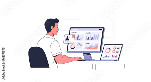 Person using computer with data displayed on screen digital visualization concept