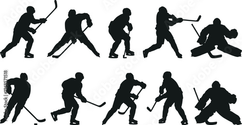 Set of ice hockey player silhouettes action poses skating shooting goalkeeper defending sports collection black shapes isolated on white background