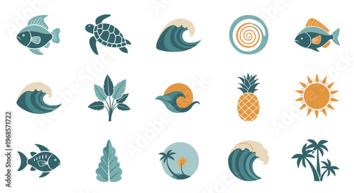 Collection of Tropical and Ocean Themed Icons and Illustrations.