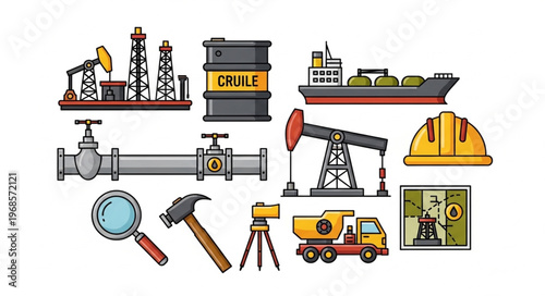 Oil and Gas Industry Icons - Exploration, Production, and Transportation.