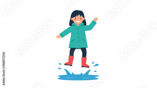 Girl in raincoat jumping in water puddle vector illustration
